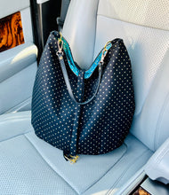 Load image into Gallery viewer, Beautiful black, gold and blue reversible bag